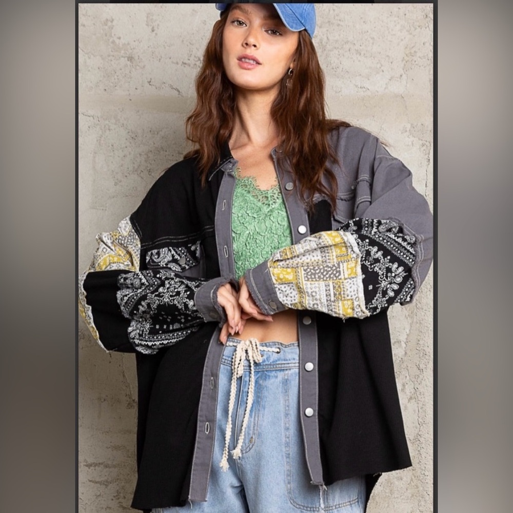 Pol Black And Gray Patchwork Button-Up Shacket/Sh… - image 3